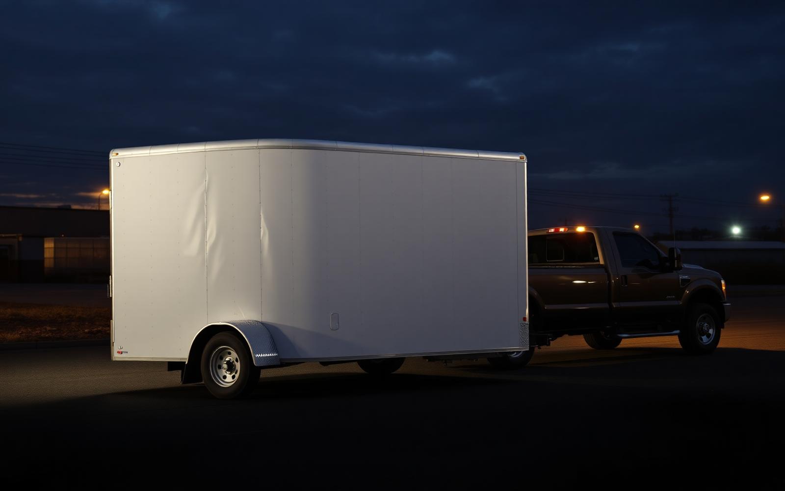 Enclosed cargo trailer hooked to a pickup truck in Fort Wayne, Indiana